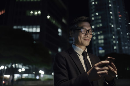 Wide angle shot of a senior chinese japanese businessman executive using mobile phone with background of modern office buildings at night. Generative AI AIG18.の素材