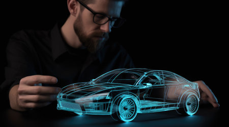 A man holding an animated model of an automobile in the style of holographic. Generative AI AIG21.の素材