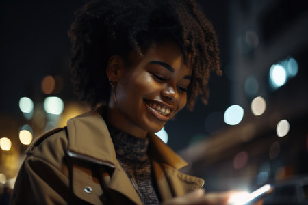 Low angle shot of a young african-american woman trendy clothes using mobile phone with background of urban city street at night. Generative AI AIG18.の素材