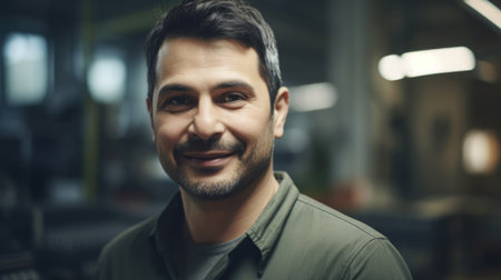 A smiling Hispanic male electronic factory worker standing in factory. Generative AI AIG19.の素材