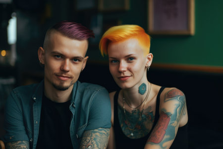 Happy young couple with tattoos and vivid colors short hair in an office. Generative AI AIG21.の素材