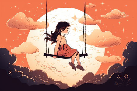 Cartoon graphic art style of little girl swinging with happiness. distinct generative AI image.の素材
