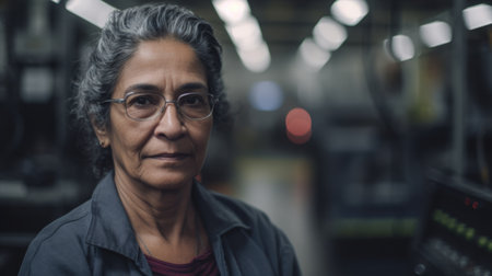 A smiling senior Hispanic female electronic factory worker standing in factory. Generative AI AIG19.の素材