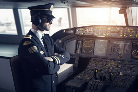 A male pilot in captains uniform in an indoor airport setting. Generative AI AIG21.の素材
