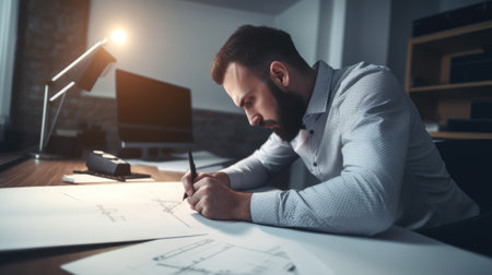 A male architect writing on architectural plan at office desk. Generative AI AIG21.の素材