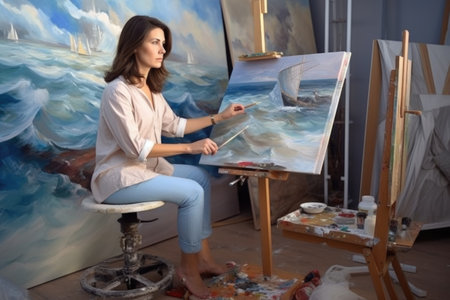 A woman artist sitting on a chair painting beautifully on canvas in the studio. Generative AI AIG21.の素材
