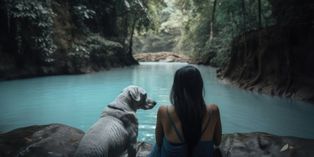Active woman hiking to waterfall with labrador retriever dog. distinct generative AI image.の素材
