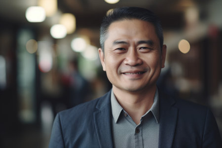 Mature smart asian businessman, smiling face, standing in blur background of busy office. Generative AI AIG20.の素材