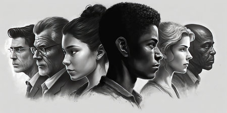Face portrait of diverse people together looking straight. Multiracial concept. distinct generative AI image.の素材