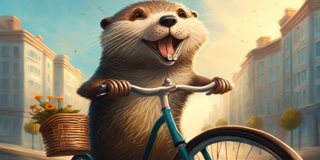 otter have fun bicycle ride on sunshine day in summer on town streetの素材