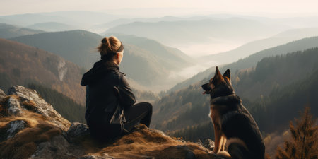 Young beautiful woman enjoy view with her dog during hiking trip in the mountain. distinct generative AI image.の素材