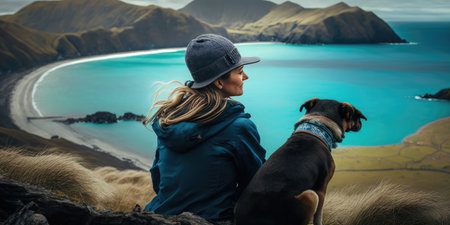 Young beautiful woman enjoy view with her dog during hiking trip in the mountain. distinct generative AI image.の素材