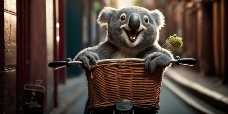 koala have fun bicycle ride on sunshine day in summer on town streetの素材