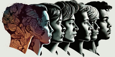 Face portrait of diverse people together looking straight. Multiracial concept. distinct generative AI image.の素材