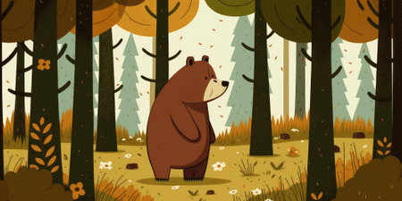 Brown bear in a forest super cute cartoon art style nordic style. Generative AI AIG16.の素材