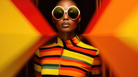 Young african female model posing with trendy fashion outfit and colorful vibrant orange optical art abstract background. Picturesque generative AIの素材