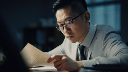 Accountant Male Asian seriously Analyzing the document. Generative AI AIG22.の素材