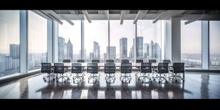 Conference room with meeting table many seats reflective floor, window with city view. Generative AI AIG18.の素材
