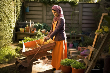 Female Middle Eastern middle aged gardening in backyard plants grass. Generative AI AIG23.の素材