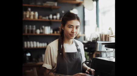Smiling female barista wearing apron standing in counter of the coffee shop. Generative AI AIG21.の素材