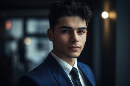In bright modern office, a young 18 years old handsome hispanic businessman with large smile. Generative AI AIG18.の素材