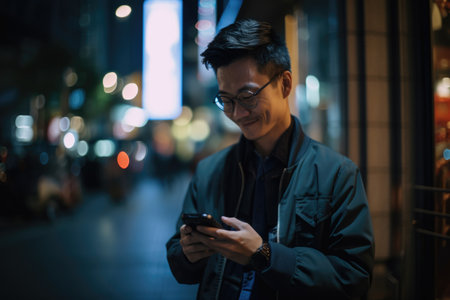 Wide angle shot of a senior chinese japanese man trendy clothes using mobile phone with background of urban city street at night. Generative AI AIG18.の素材