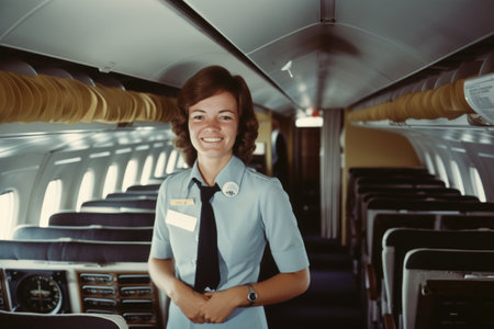 An smiling air hostess standing inside of airplane. Generative AI AIG21.の素材