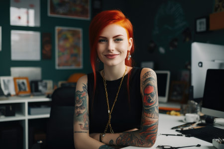 Cool female fashion designer, smiling face, looking at camera, red hair, piercing, tattoo, standing at office desk, laptop, colorful trendy interior office. Generative AI AIG20.の素材
