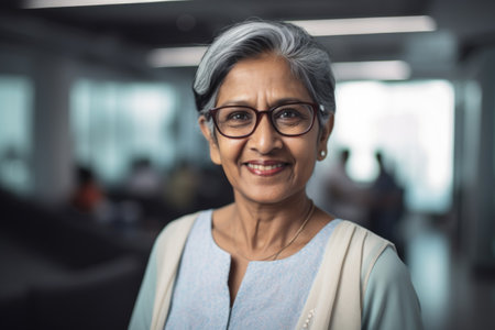 Mature smart indian businesswoman, smiling face, standing in blur background of busy office. Generative AI AIG20.の素材