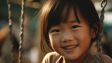 Close up smiling face, young asian girl playing on a swing, happiness, childhood, freedom, vitality, outdoor fun, carefree, sunlight. Generative AI AIG20.の素材