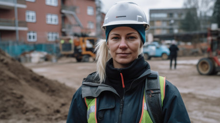 A smiling Swedish female construction worker standing in construction site. Generative AI AIG19.の素材