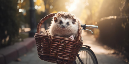 hedgehog have fun bicycle ride on sunshine day in summer on town streetの素材