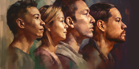 Face portrait of diverse people together looking straight. Multiracial concept. distinct generative AI image.の素材