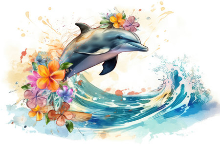 Happy dolphin in hand drawing watercolor style with summer flower decoration. distinct generative AI image.の素材