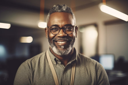 Mature smart african-american businessman, smiling face, standing in blur background of creative colorful office interior design. Generative AI AIG20.の素材