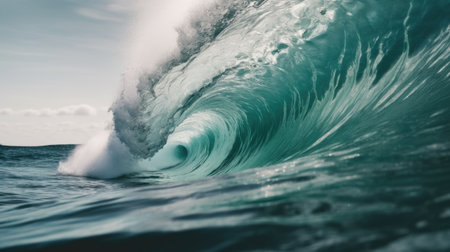 Inside view of the huge breaking wave of the sea. Generative AI AIG21.の素材