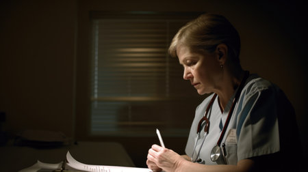 Nurse Female Caucasian Mature Taking notes on clipboard in Hospital. Generative AI AIG22.の素材