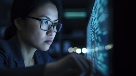 Businessperson Female Asian Mature Analyzing financial data on computer in Office. Generative AI AIG22.の素材
