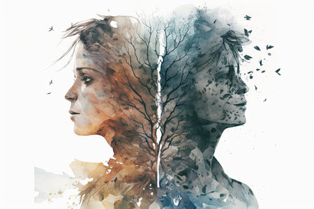 double exposure of an adult reconciling with herself. Glorious Generative AI.の素材