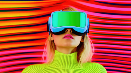 Young female model wearing VR posing with trendy fashion outfit and colorful vibrant glowing lime green optical art abstract background. Picturesque generative AIの素材