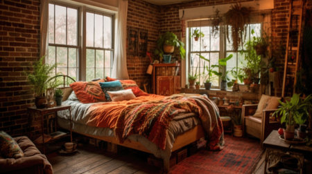 Bedroom decor, home interior design . Rustic Bohemian style with Window decorated with Brick and Textile material . Generative AI AIG26.の素材