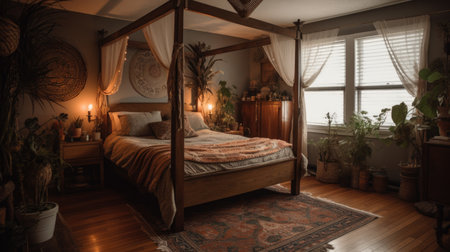 Bedroom decor, home interior design . Bohemian Eclectic style with Bed decorated with Wood and Metal material . Generative AI AIG26.の素材