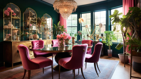 Interior design inspiration of Eclectic Glam style home dining room loveliness decorated with Velvet and Brass material and Statement Art .Generative AI home interior design .の素材