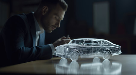 A business man touching a model of modern automobile car on a tabletop. Generative AI AIG21.の素材
