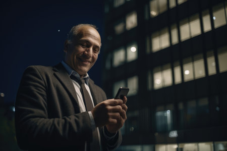 Wide angle shot of a senior caucasian businessman executive using mobile phone with background of modern office buildings at night. Generative AI AIG18.の素材