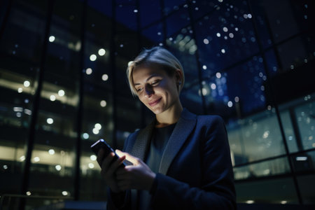 Wide angle shot of a young caucasian businesswoman executive using mobile phone with background of modern office buildings at night. Generative AI AIG18.の素材