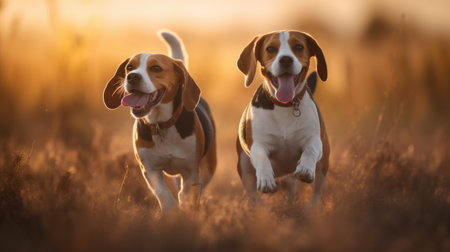 Two beagle dogs frolicking in a grassy field during day sunny. Generative AI AIG18.の素材