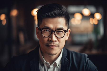 In bright modern office, a 35 years old handsome chinese businessman with large smile. Generative AI AIG18.の素材