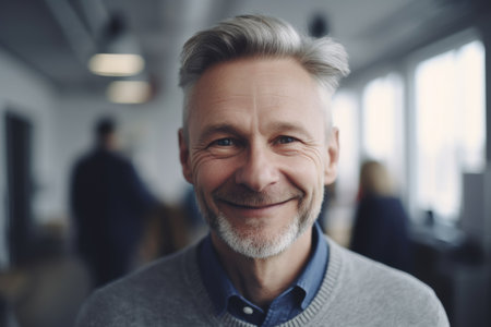 Mature smart swedish businessman, smiling face, standing in blur background of busy office. Generative AI AIG20.の素材