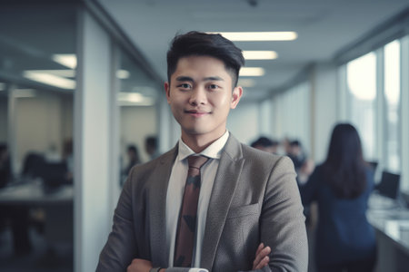 Young smart asian businessman, smiling face, standing in blur background of busy office. Generative AI AIG20.の素材